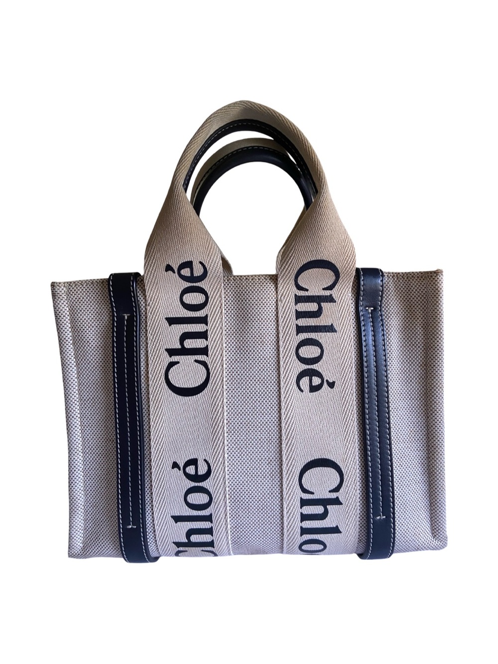 CHLOE Small Woody Tote in Linen and Navy